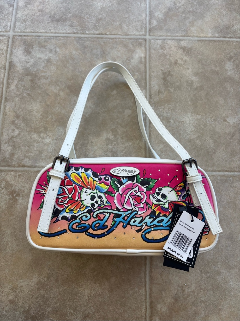 Ed Hardy White-Strap Pink Gradient Tattoo-Print Shoulder Bag